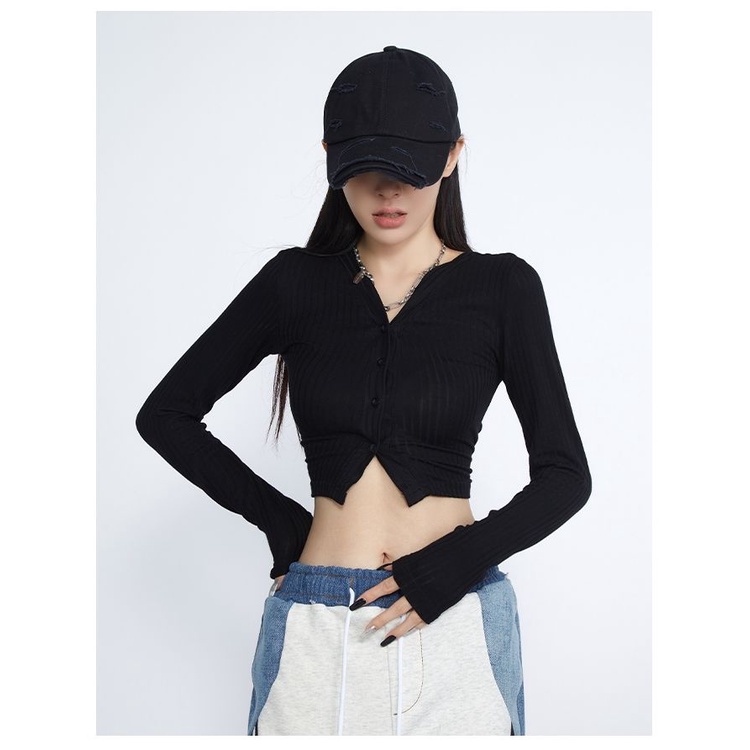 COZOK Áo Thun Tay Dài Hở Vai Màu Đen Phong Cách Quyến Rũ