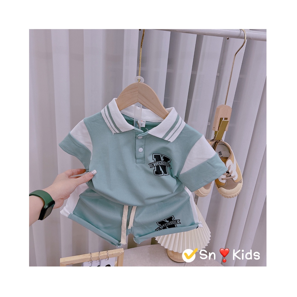 Quần áo bé trai, set bộ cộc tay áo có cổ polo họa tiết chữ N kèm quần chất vải cá sấu cho bé
