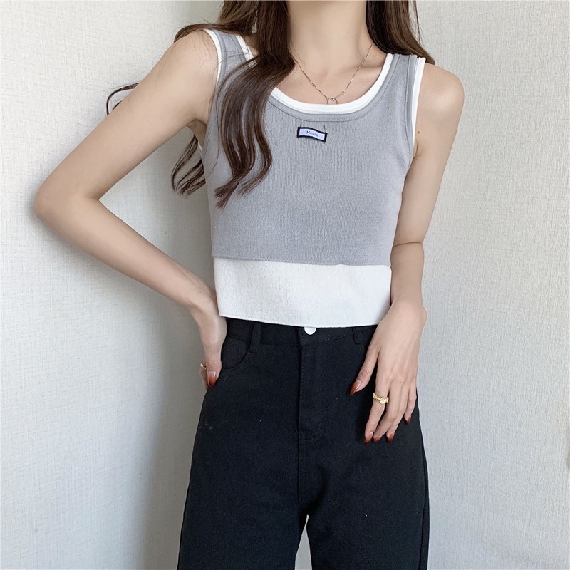 Áo Len Không Tay Giả Hai Lớp Màu Sắc Tương Phản Thời Trang Mùa Hè Phong Cách Hàn Quốc