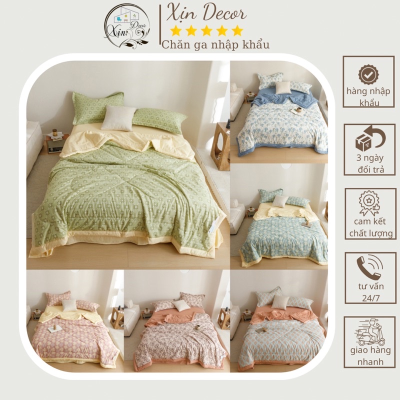 Bộ 4 món ga gối và chăn chần hè thu Cotton Đũi Cao Cấp hoạ tiết Hoa Cỏ nhẹ nhàng xinh xắn