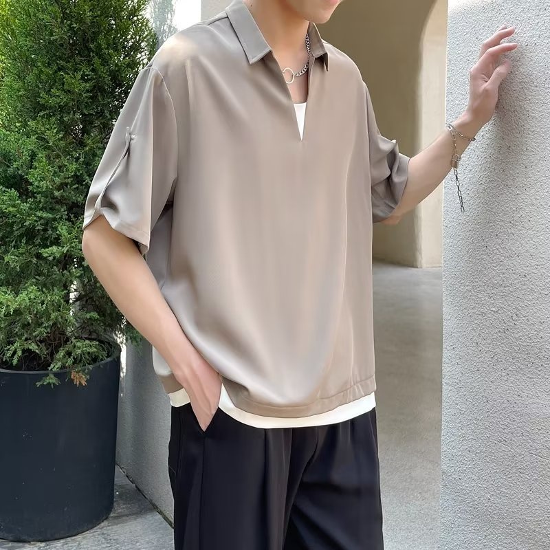 Áo Thun polo Giả Hai Mảnh Dáng Rộng Tay Ngắn Màu Trơn Vải Lụa Lạnh Cao Cấp Phong Cách Hàn Quốc Thời Trang Mùa Hè Hàng Mới 2022 Dành Cho Bạn Nam