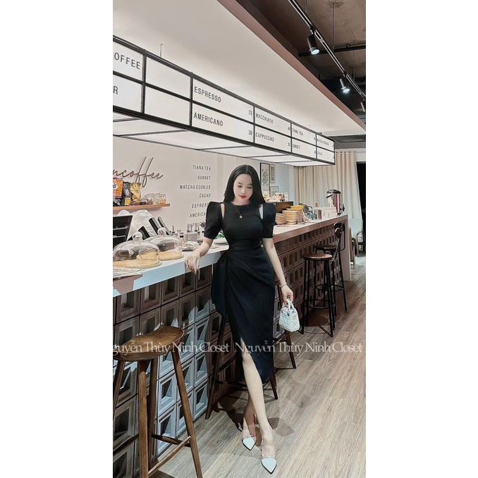 Váy đầm nữ dư tiệc khoét vai dáng dài có điểm nhấn phần eo siêu hack dáng