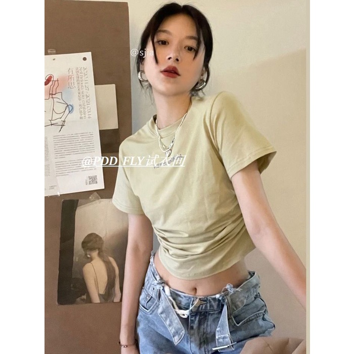 COZOK Áo Thun Tay Ngắn Dáng Ôm Xếp Ly Thời Trang vintage