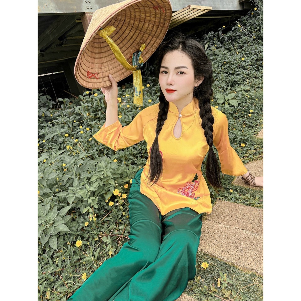 Đồ Lam Đi Chùa # Bộ Lua Latin Cổ Giọt Nước Thêu Hoa# Quần Áo Nữ