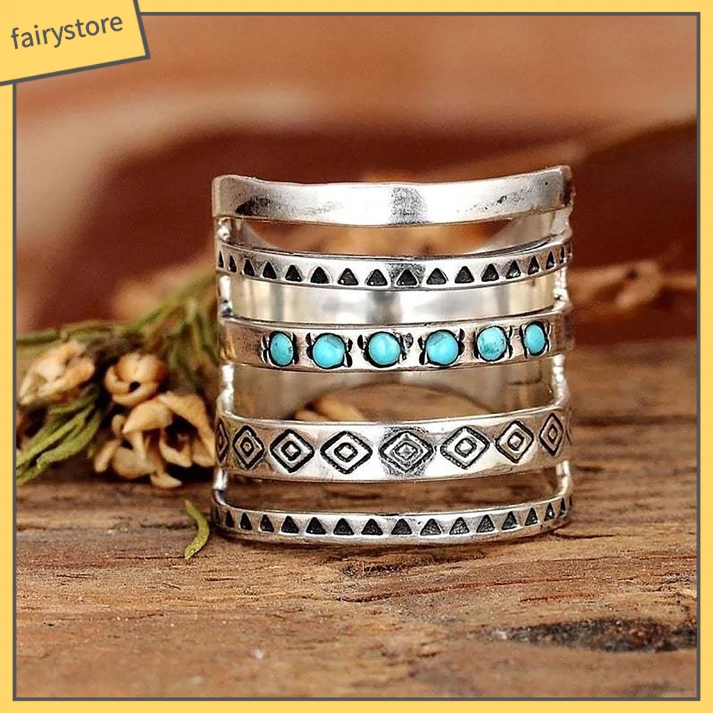 [Fairy1] Nhẫn Nhiều Lớp Họa Tiết Biểu Tượng Đính Đá Ngọc Lam Phong Cách Bohomian Cho Nữ