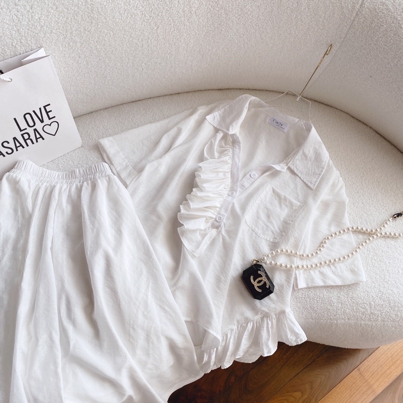 SET ÁO SƠ MI TRẮNG BÈO + CHÂN VÁY MIDI XOÈ