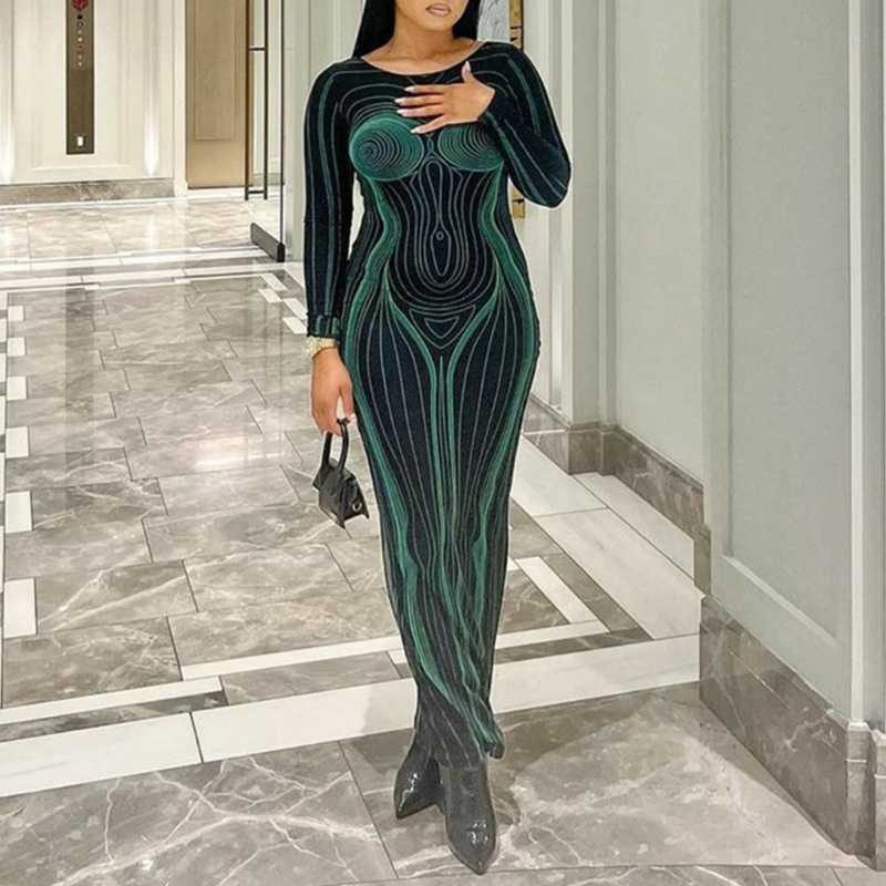 Xiangbao Đầm Dài Ôm Dáng Tay Dài Cổ Tròn In Họa Tiết Sọc Xanh Lá Tương Phản Harajuku Cho Nữ