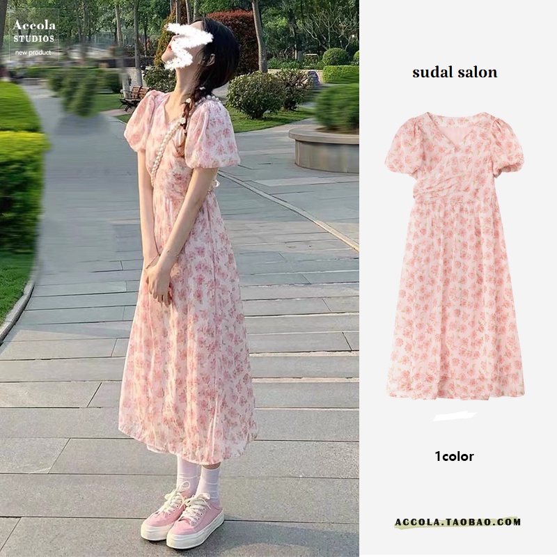 (ORDER) Váy voan tay phồng hoa màu Hồng xòe dài điệu đà tiểu thư bồng bềnh MORAN Hàn Quốc