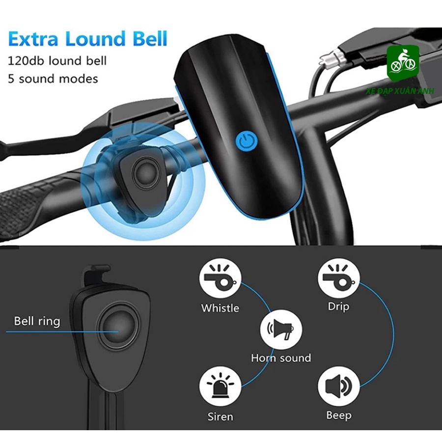 Đèn xe đạp thể thao có còi chống nước sạc USB