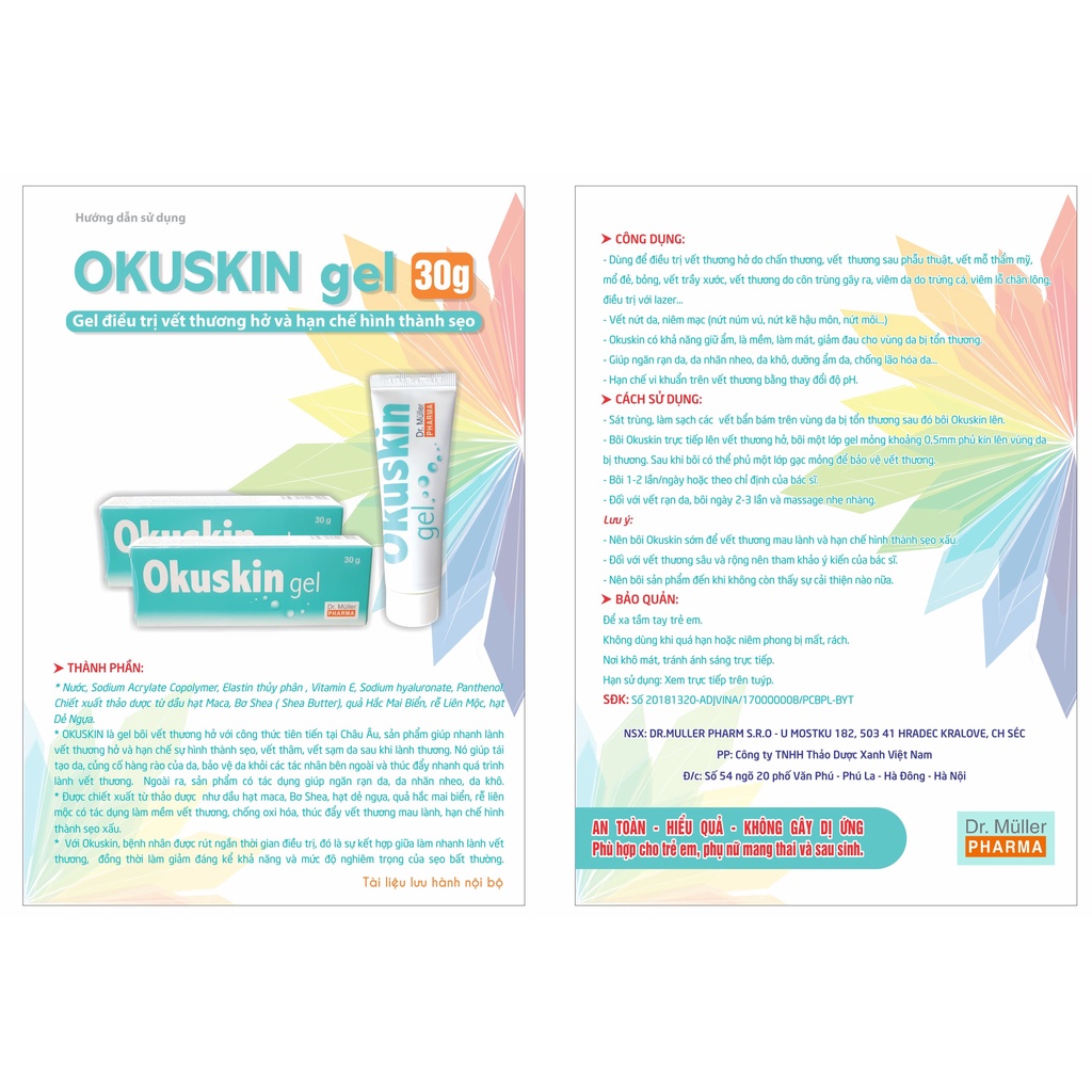 Gel bôi vết thương hở OKUSKIN tuýp 30g giúp ngăn ngừa sẹo, rạn da, vết thương sau phẫu thuật