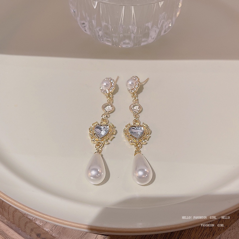 Khuyên Tai Dáng Dài Đính Ngọc Trai Trái Tim Xinh Xắn