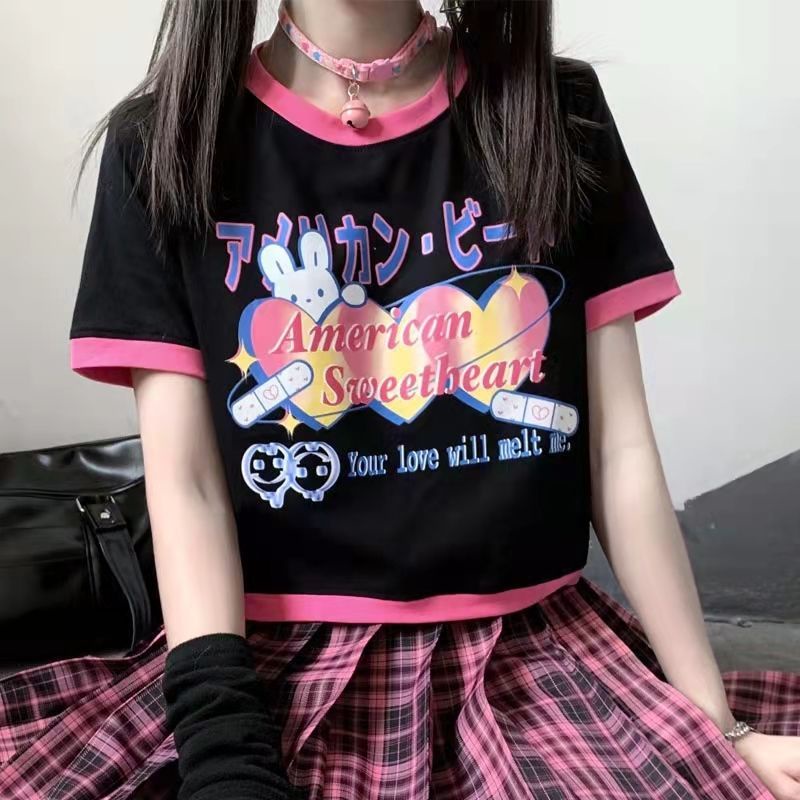 áo thun croptop nhật hệ dễ thương khâu ngắn tay áo thun nữ phong cách mới sinh viên lỏng lẻo babes ngọt mát mát mẻ ngắn hàng đầu nữ ins triều