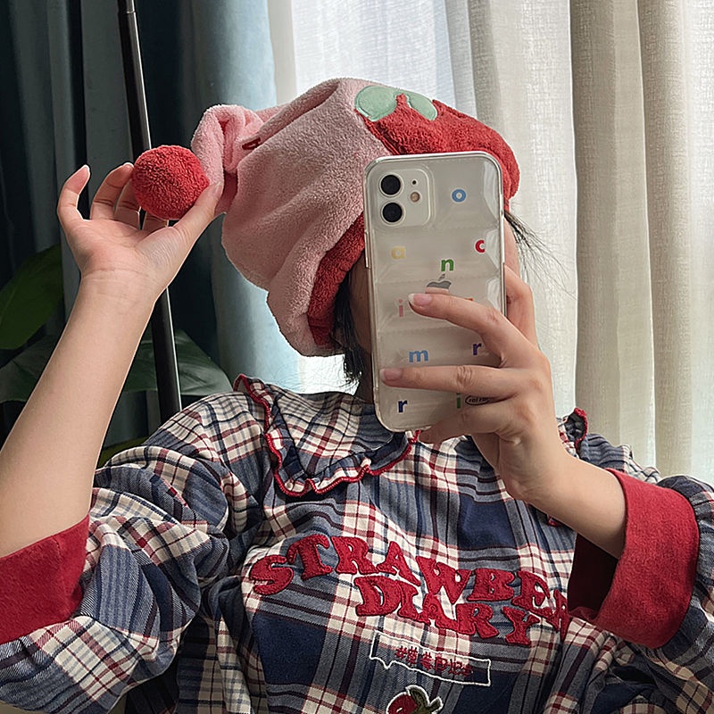 Mũ Trùm Đầu Thấm Hút Nước Nhanh Làm Khô Tóc 24H Bằng Lông Cừu San Hô Kiểu Hoạt Hình Dâu Tây Dễ Thương