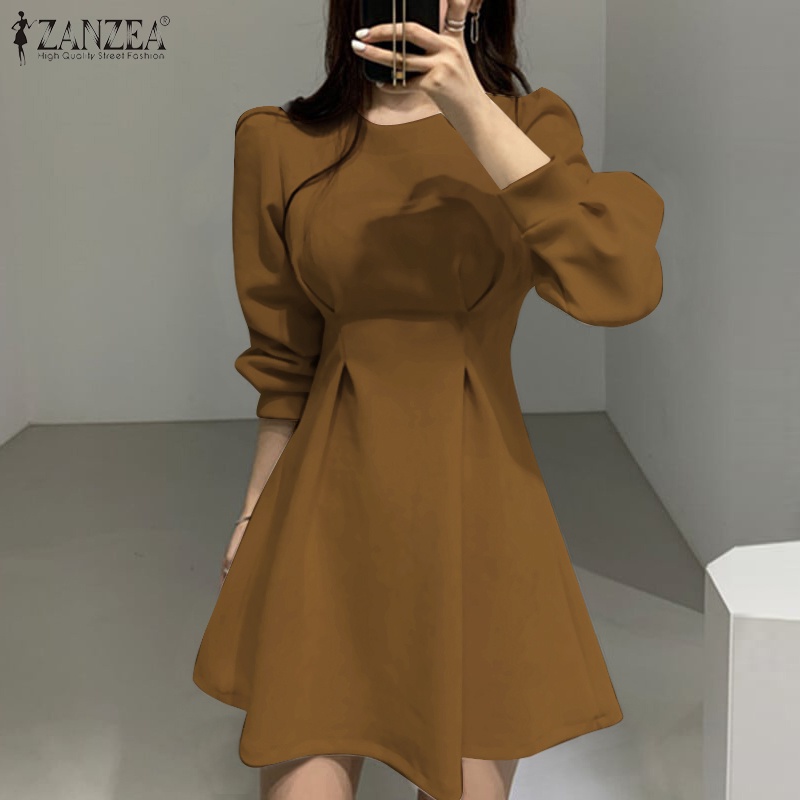 Zanzea Đầm Nữ Tay Dài Cổ Tròn Thời Trang Phong Cách Hàn Quốc