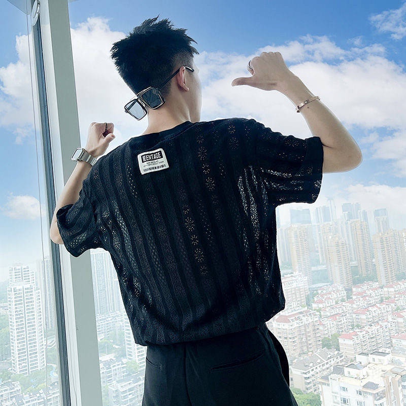 Áo nam đục lỗ dệt mỏng tay ngắn form rộng trendy mùa hè Fmw7