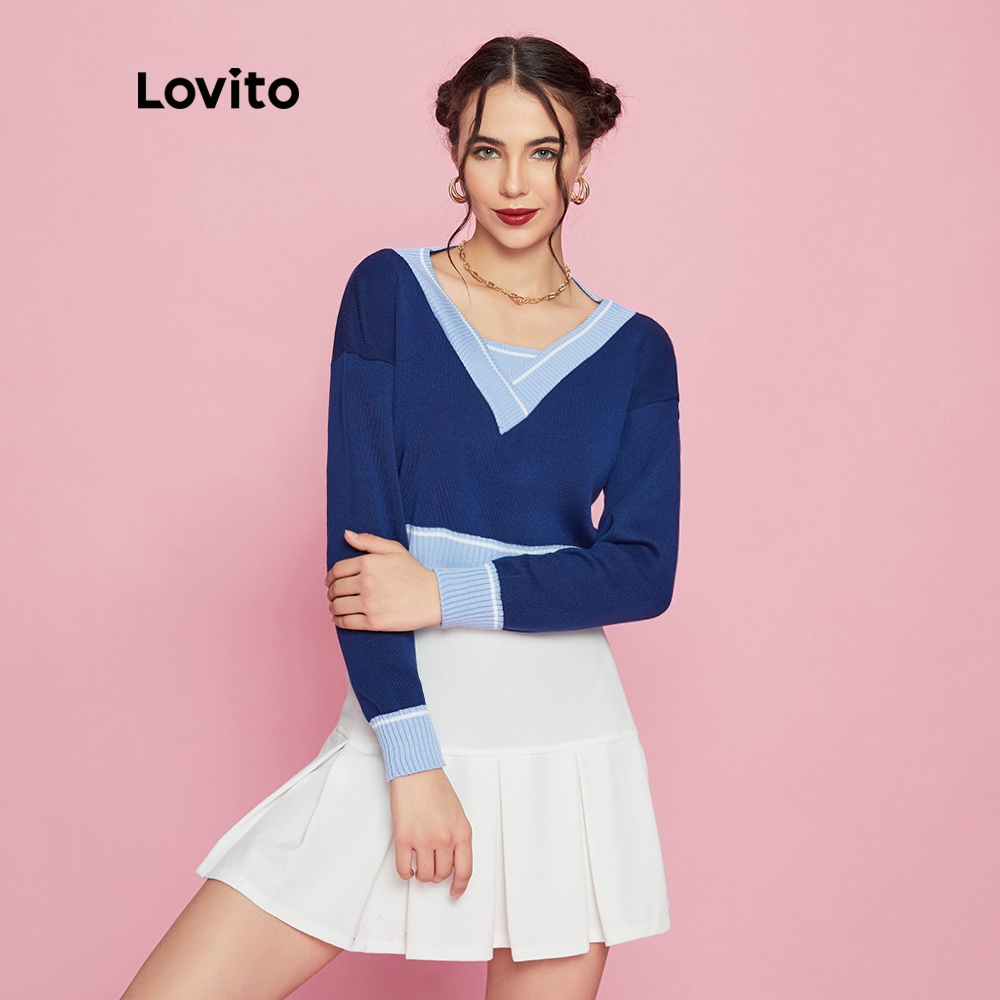 Áo sweater Lovito cổ chữ V phối màu khối dáng ôm phong cách preppy L08217 (màu xanh dương)