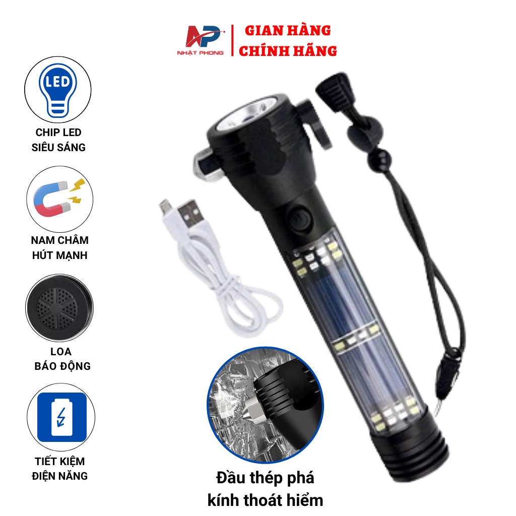 Đèn Pin LED Sạc NHATPHONG-GX8127 Đa Năng 5 Chế Độ Có Sạc Năng Lượng Mặt Trời Kiêm Búa Phá Kính Dao Cắt Đai