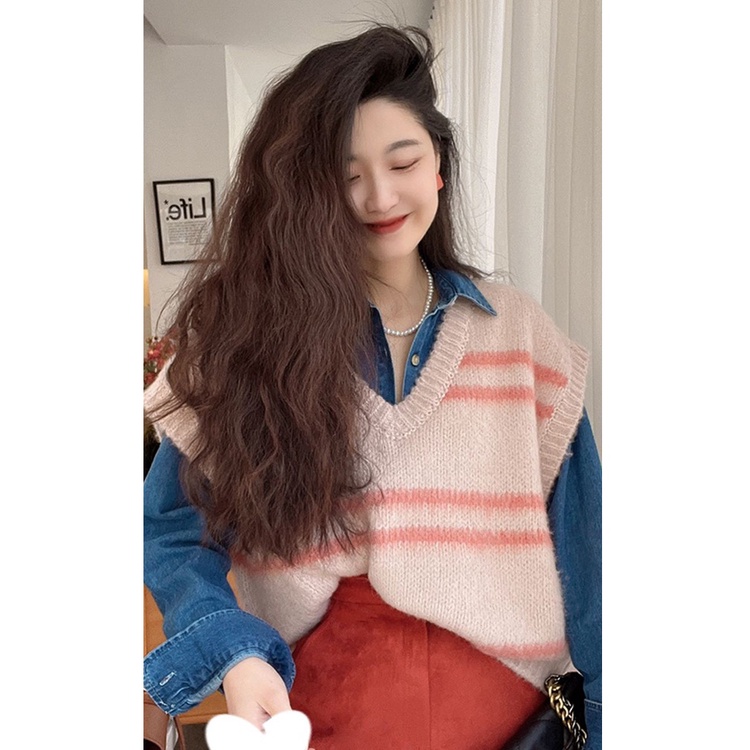 Set Áo Sơ Mi Tay Dài Kẻ Sọc Dáng Rộng + Áo Khoác Jean Không Tay Thiết Kế Mới Thời