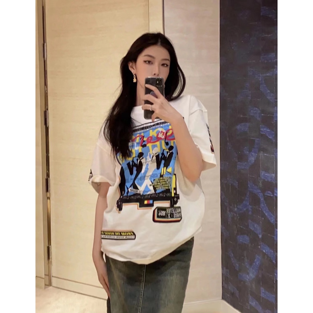 Áo phông thời trang nữ cao cấp thương hiệu Louis Vuitton LV thiết kế hoạ tiết hình nhạc Jazz cá tính