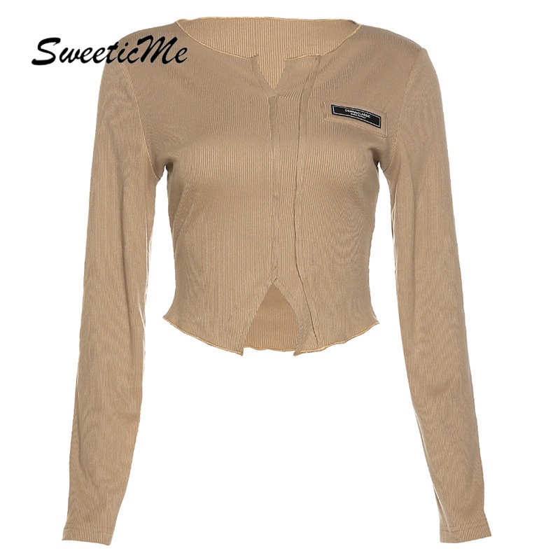 Áo Thun Tay Dài Cổ Chữ V Màu Trơn Dáng Ôm Thời Trang 2023 Dành Cho Bạn Nữ