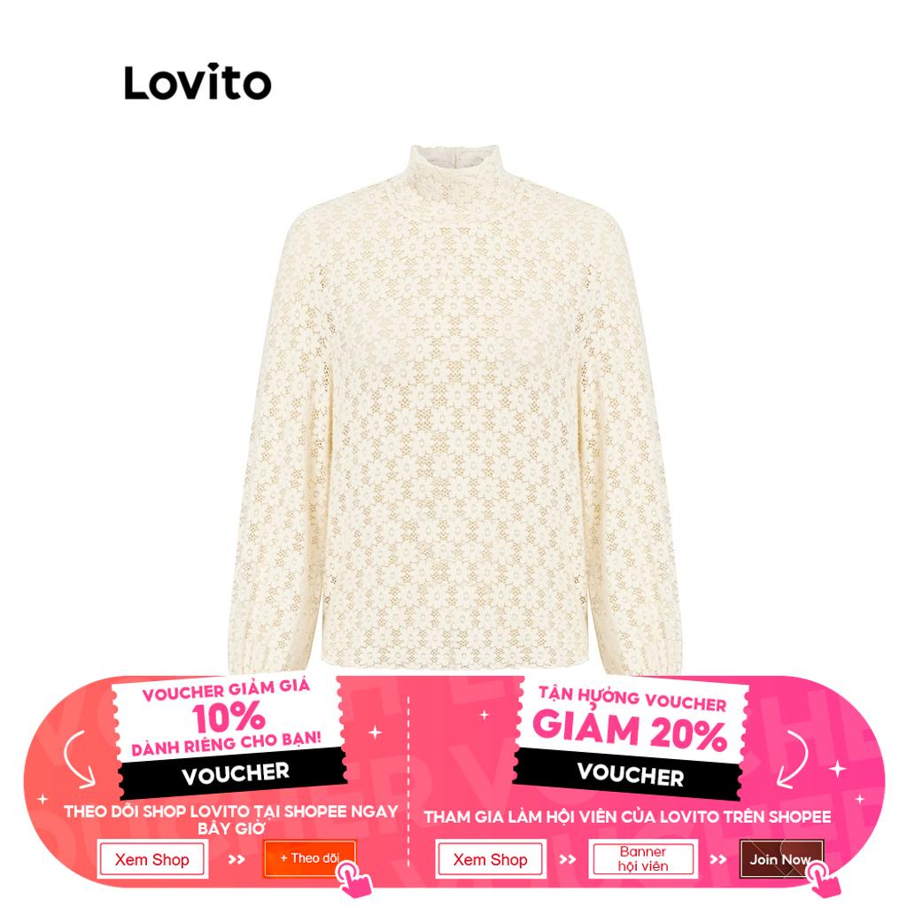 Áo thun Lovito cổ xếp nếp thêu viền lỗ họa tiết rỗng màu trơn phong cách thường ngày dành cho nữ L41AD022 (trắng ngà)