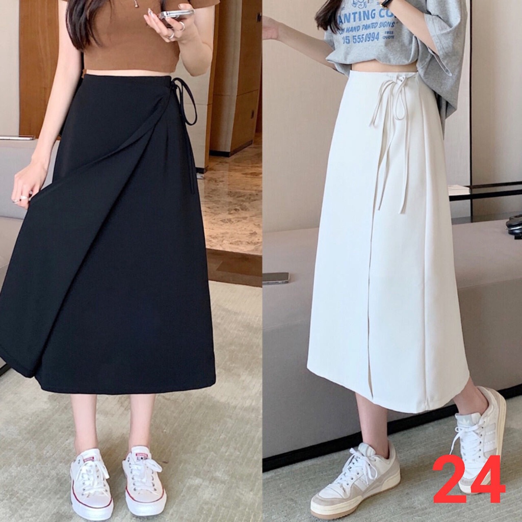 chân váy ulzzang dáng dài tà chéo thắt nơ tiểu thư, chân váy midi Dư Tú Lệ Shop