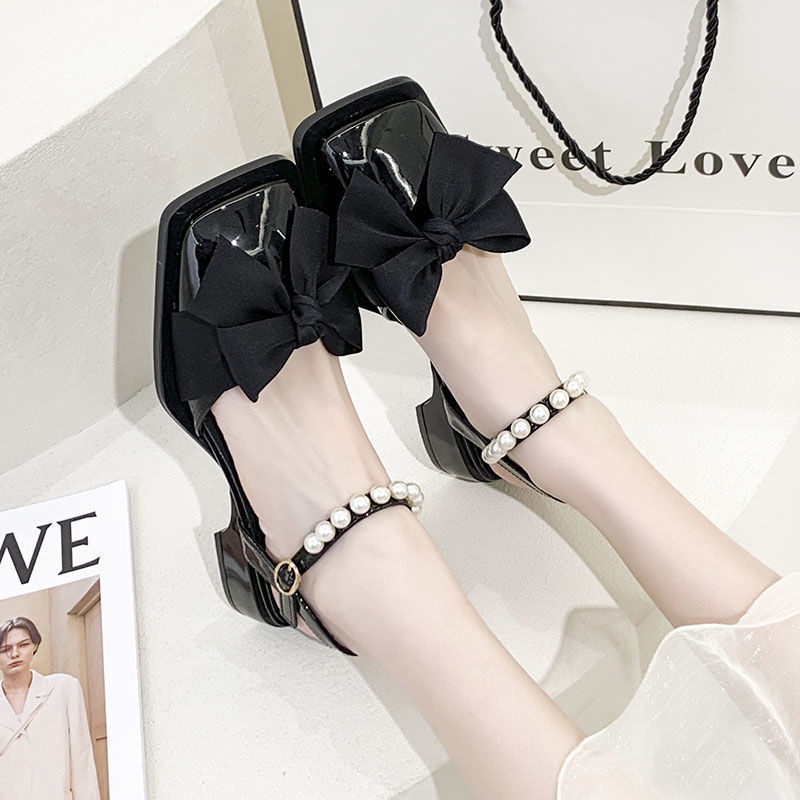 Xăng đan Cao Gót Dày Đính Nơ Ngọc Trai Thời Trang Mùa Hè Hàn Quốc Mới 2022