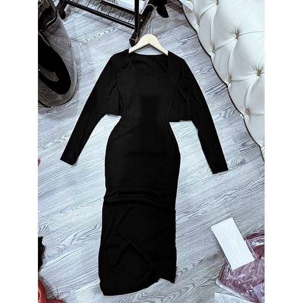 Set Đầm Ống Dài Xương Cá Kèm Khoác Cadigan
