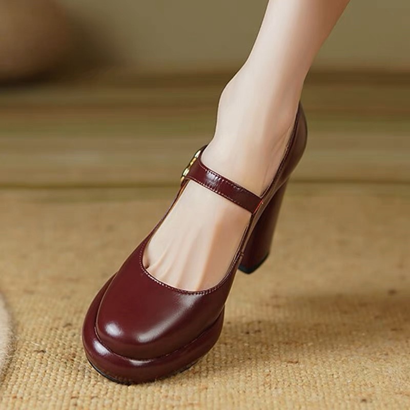 🌼ORDER 🌼 Giày đế đúp da trơn quai cài giữa mũi tròn 34-39 10cm đỏ & đen