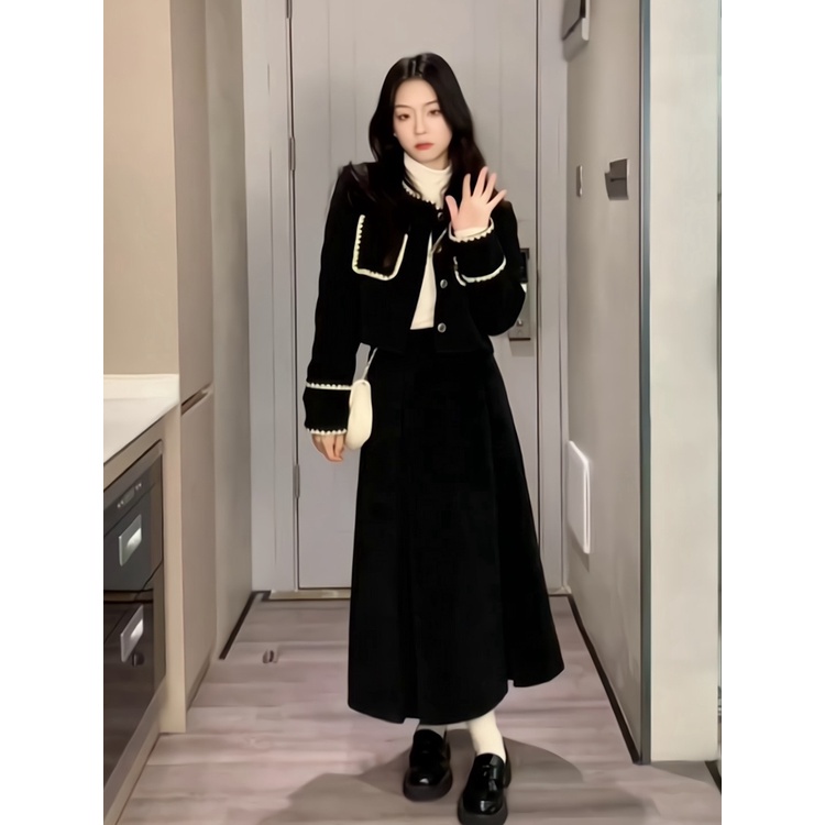 Set đồ nữ - Váy nhung dáng dài Quảng Châu thiết kế dài tay phối viền ren tiểu thư KimAnh Fashion