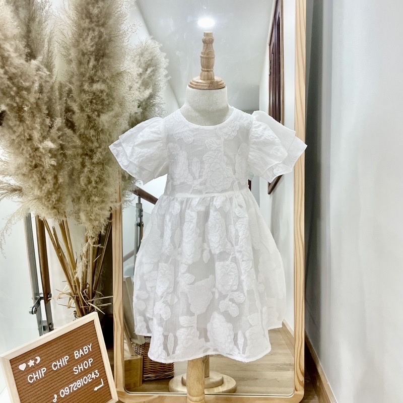 Váy Trắng Công Chúa Bé Gái WOWKIDS Tay Cánh Tiên Chất Liệu Gấm Hoa Cao Cấp Cho Bé Từ 12-24kg