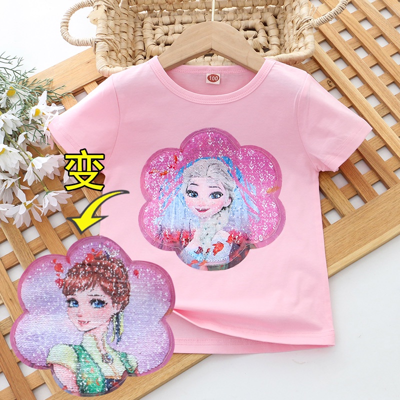 Áo Thun Cotton Tay Ngắn In Hình Công Chúa Elsa Đính Kim Sa Nhiều Màu Sắc Thời Trang Mùa Hè Cho Bé Gái 2-8 Tuổi
