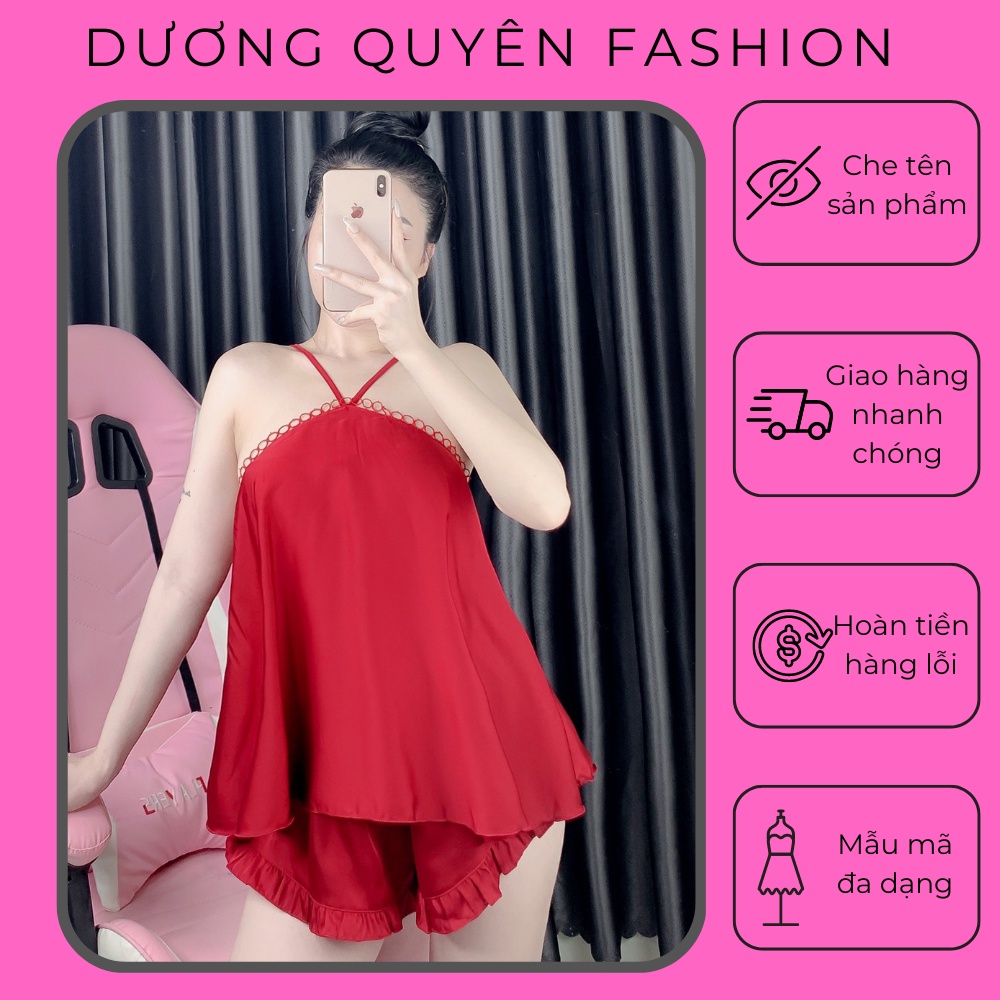 Đồ ngủ nữ 2 dây cổ yếm phối ren, Đồ ngủ sexy gơi cảm chất lụa latin mềm mát dưới 60kg - DCQ Store