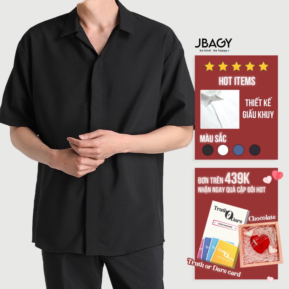 Áo sơ mi nam form rộng Unisex cách điệu giấu khuy, áo sơ mi ngắn tay chất liệu lụa Hàn thương hiệu JBAGY - JS0203 - Hàng