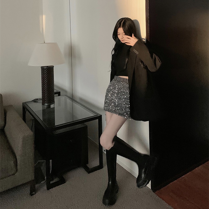 Chân Váy Ngắn Lưng Cao Đính Sequin Lấp Lánh Thời Trang Quyến Rũ Cho Nữ