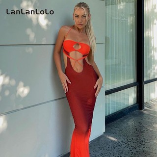 LanLanLo Nữ Màu Sắc Tương Phản Gợi Cảm Dây Rỗng Slim Backless Đầm