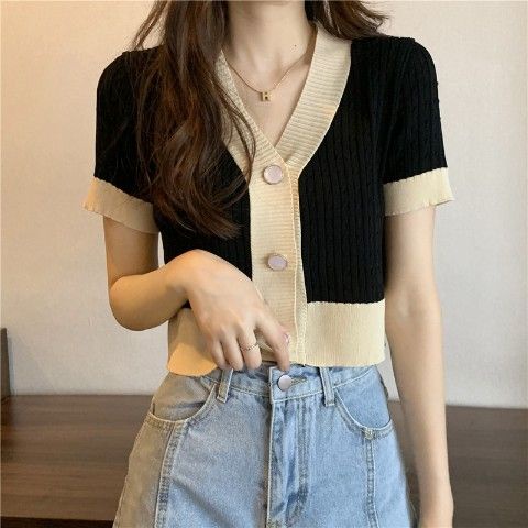 COZOK Áo Thun Dệt Kim Tay Ngắn Cổ Chữ V Dáng Ôm Thời Trang