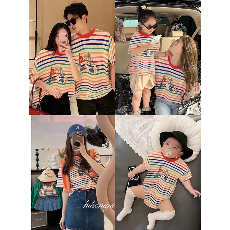 Áo Thun Gia Đình Kẻ Sọc Cầu Vồng In Chữ Phong Cách Mới Mùa Hè 2023