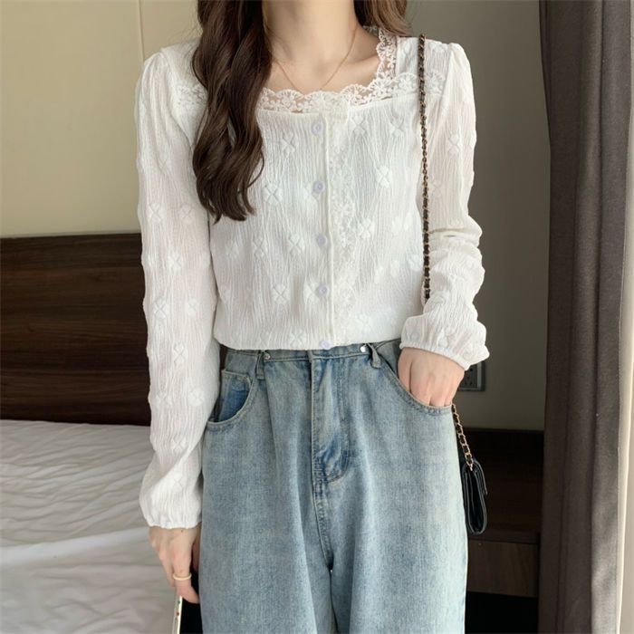 Áo Thun Tay Dài Cổ Vuông Phối Ren Thoải Mái Thời Trang Mùa Thu Mới 2023