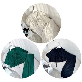 Set linen áo phối dây cột chân váy midi