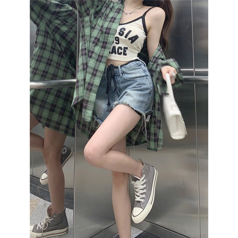 「Nonfatgirl」Áo Sơ Mi Dáng Rộng Sọc Caro Màu Xanh Lá + Áo Khoác Sát Nách Màu Sắc Tương Phản Thời Trang Cho Nữ