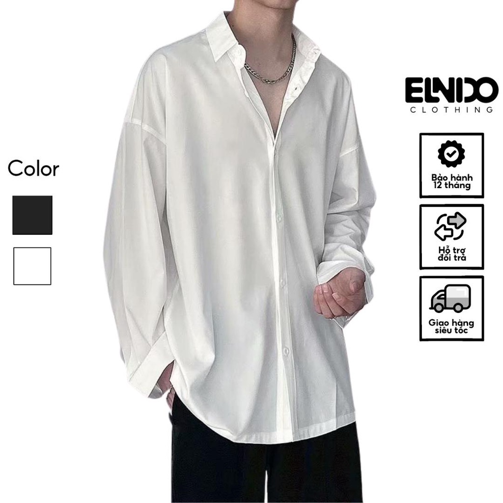 Áo sơ mi nam nữ dài tay Unisex Basic màu trắng và đen sơ mi lụa mịn mát form rộng suông ELNIDO-ED03