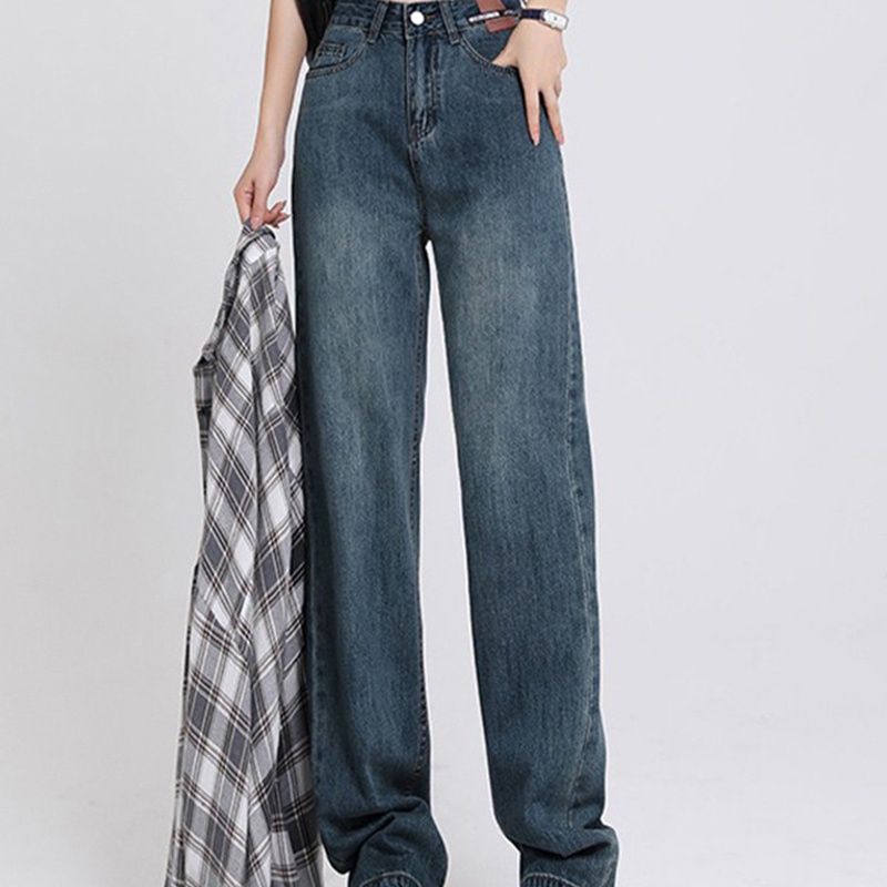 IELGYQuần Jean Dài Lưng Cao Ống Rộng Dáng Suông Kiểu retro Cá Tính Cho Nữ