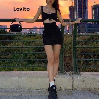 Đầm LOVITO thắt nơ khoét lỗ màu trơn thường ngày cho nữ LNA01058 (màu đen)
