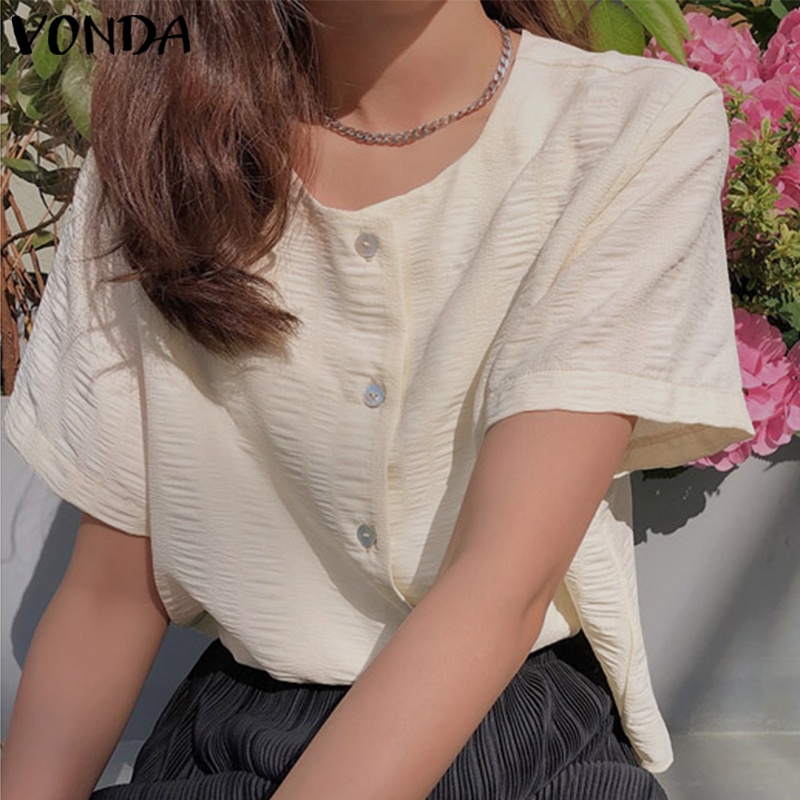 Áo kiểu VONDA tay ngắn cổ tròn màu trơn cài nút phong cách Hàn Quốc thời trang cho nữ