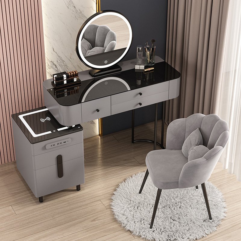 Bàn trang điểm kèm gương đèn Led cảm ứng 3 màu hiện đại, bàn phấn có tủ và ngăn kéo, kèm loa bluetooth sặc không dây