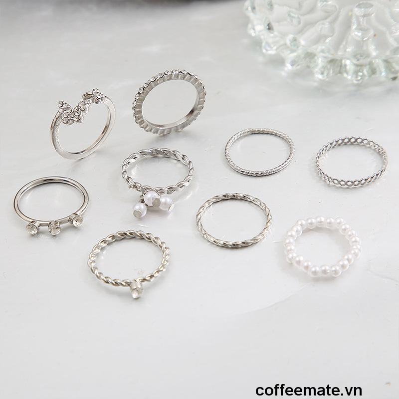 【coffeemate】⚡ Set 9 nhẫn bạc ngọc trai pha lê thanh lịch Bộ nhẫn mỏng rỗng cho nữ phụ kiện trang sức
