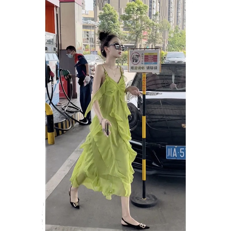 Váy maxi voan màu xanh lá neon đáp bèo cực xinh - MS079 (có ảnh thật)