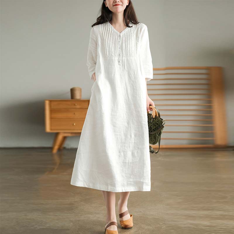 Đầm Linen nữ màu trắng đơn giản dễ mặc, đầm maxi đũi đi biển