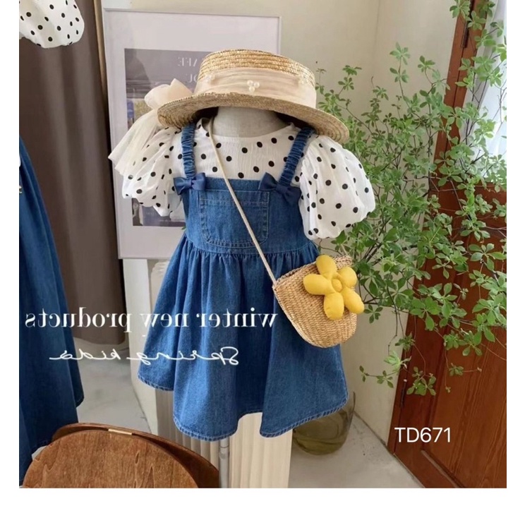 Set váy bò +áo chấm bi cho bé gái ( Ảnh chụp thật )